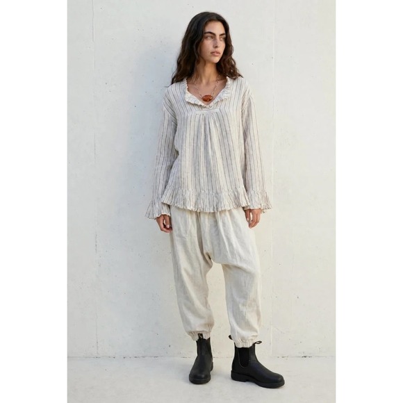 Jaded Gypsy Pants - Jaded Gypsy Striped Linen Harem Pants Cream Grey Drop Crotch Boho Tapered Leg L